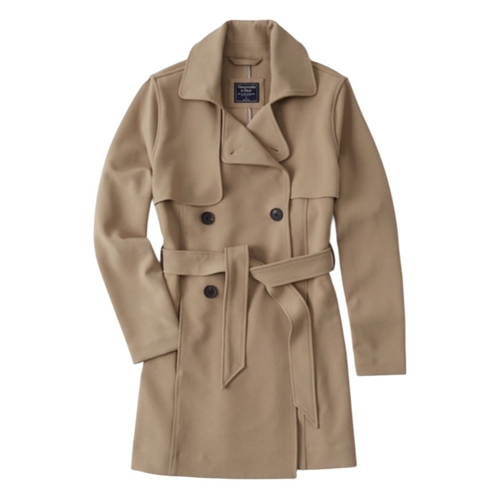 Abercrombie and Fitch Khaki Double Breasted Drapey Trench Coat XXS No belt EUC‎ - Picture 2 of 8